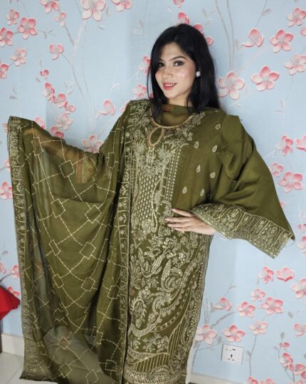 Olive Green Pakistani Three Piece